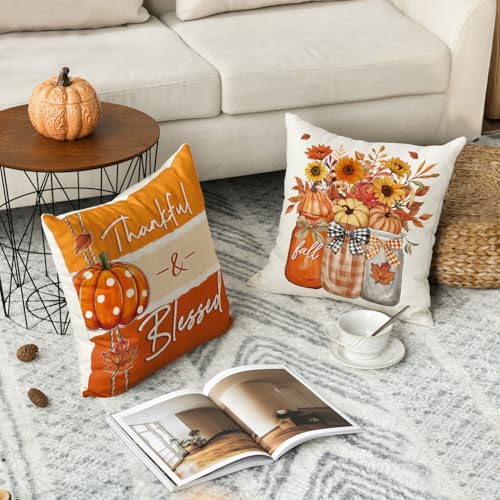 AVOIN colorlife Fall Pumpkin Pillow Covers 18x18 Inch, Set of 4