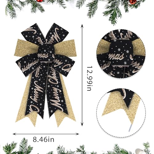Black Glitter Christmas Wreath Bows Set - 2 Pack Gold Snowflake & Merry Pattern Decorations