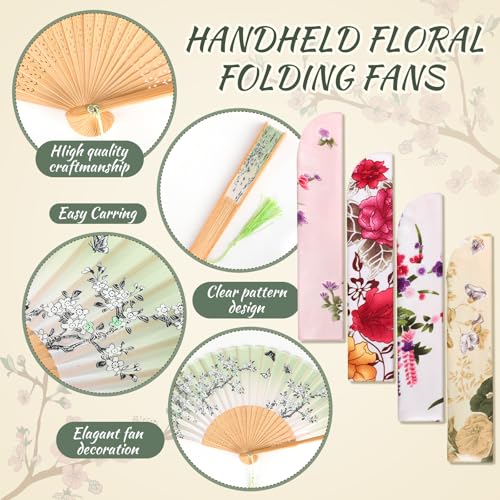 Zonon Silk Handheld Folding Fans - Forest Flowers Print (4 Pack)