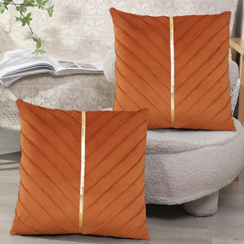 Set of 2 Velvet Throw Pillow Covers 18x18 with Gold Leather - Orange