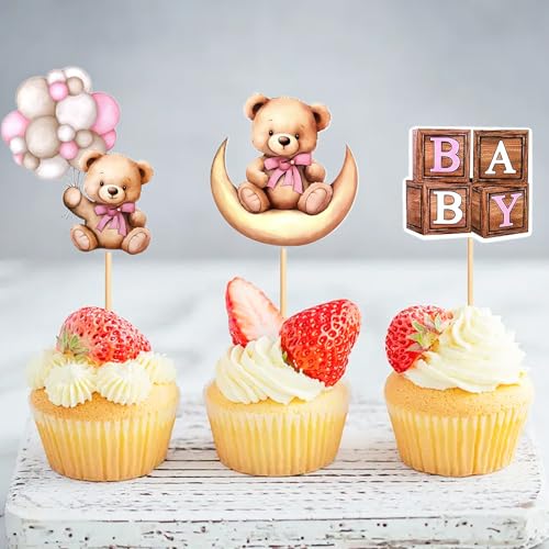 24 Pink Bear Cake Toppers for Baby Shower & Birthday Parties