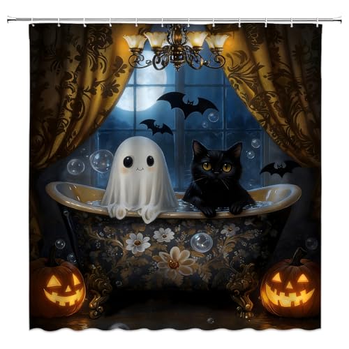 Spooky Halloween Shower Curtain 70" x 70" with Hooks - Ghosts, Cats, Pumpkins, and Bats
