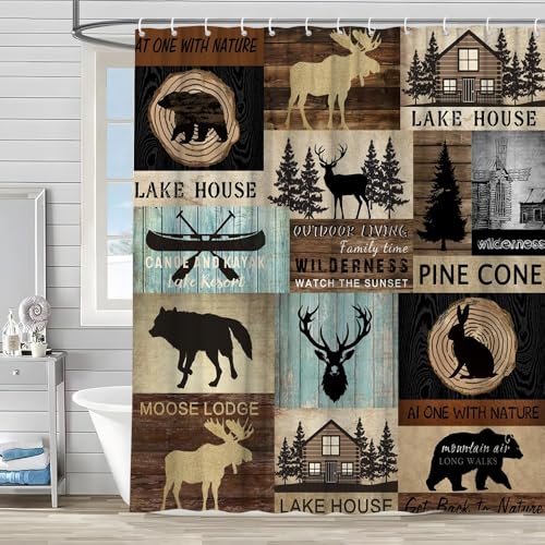 Rustic Cabin Shower Curtain 70" x 70" - Bear & Deer Design for Bathroom