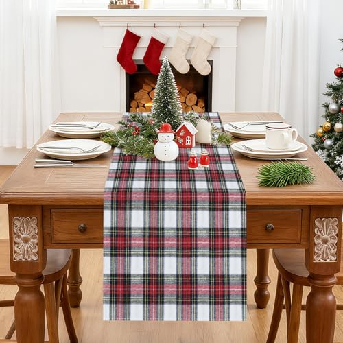 Red and White Scottish Plaid Christmas Table Runner 13x120 Inch - Farmhouse Holiday Decor