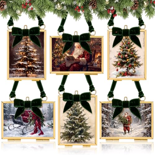 Christmas Picture Frame Ornaments Set - Vintage Brass & Hunter Green Bows