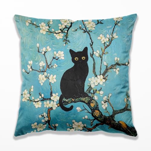 Van Gogh Almond Blossom Cat Pillow Cover 18x18 - Gift for Cat Lovers