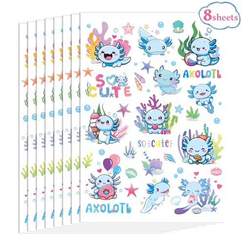 Blue Axolotl Temporary Tattoos - 8 Sheets Cute Salamander Party Favors