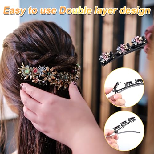 BOXOB Crystal Stone Braided Hair Clips - 2Pcs Shiny Rhinestone Barrettes