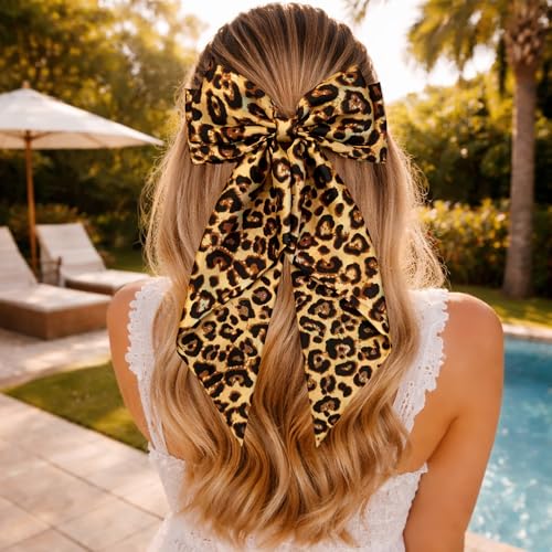 JazSwirl Large Leopard Print Hair Bow Clip, Oversized Satin Cheetah Bow