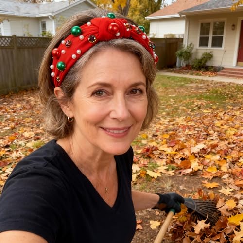 Tisbonsy Christmas Pearl Rhinestone Wide Knot Headband in Red
