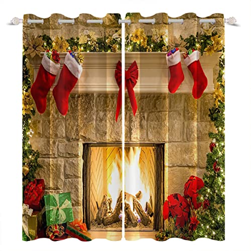Christmas Fireplace Window Curtains 2 Panel Set - Xmas Trees Red Socks Gifts Merry Christmas Themed Window Drapes 42x96 Inches - Pack of 2