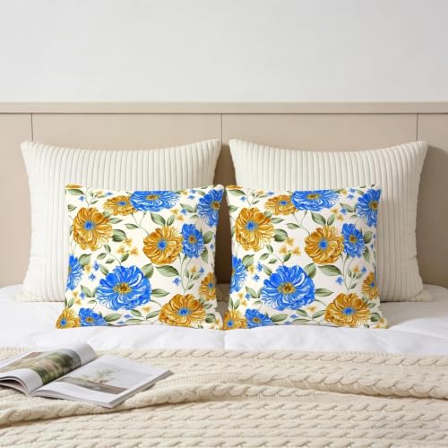 Weiscode 18x18 Floral Throw Pillow Covers - Blue & Yellow Farmhouse Set of 2