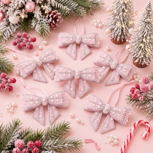 6 Pcs Pearl Bow Christmas Tree Ornaments with Hanging Ribbon - Pink