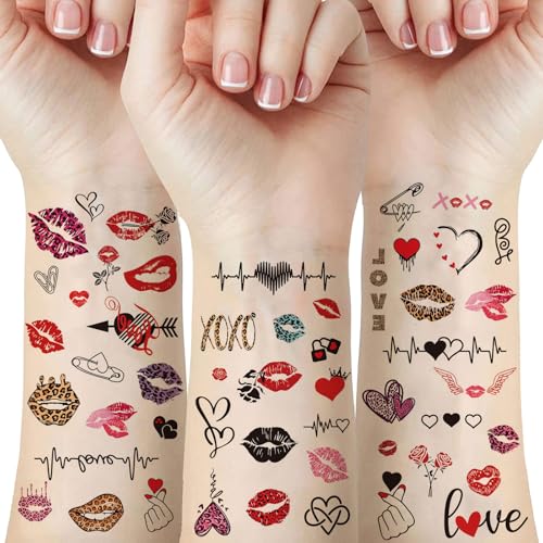 HIFANMM 12 Sheets Valentine's Day Temporary Tattoos Heart and Lip Designs
