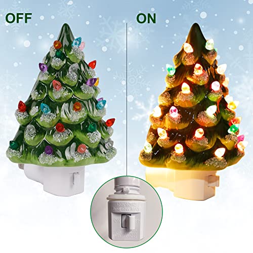 Christmas Ceramic Tree Night Light with Snow Cover - Multicolor Bulbs, Swivel Plug, On/Off Switch