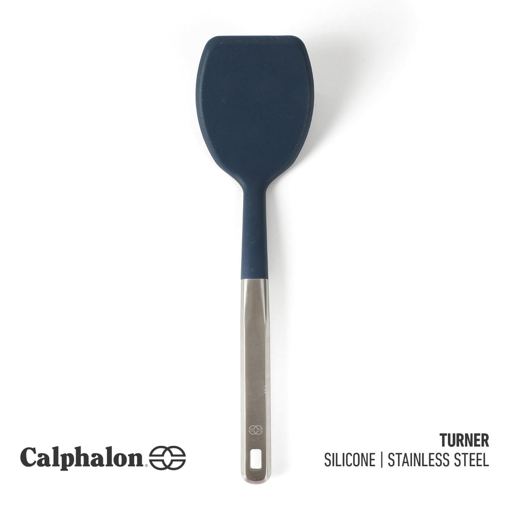 Calphalon Prime Stainless Steel Turner with Navy Blue Silicone Head, Heat Resistant Kitchen Spatula for Flipping, Cooking, Grilling, and Serving, Durable Non Scratch Cooking Utensil