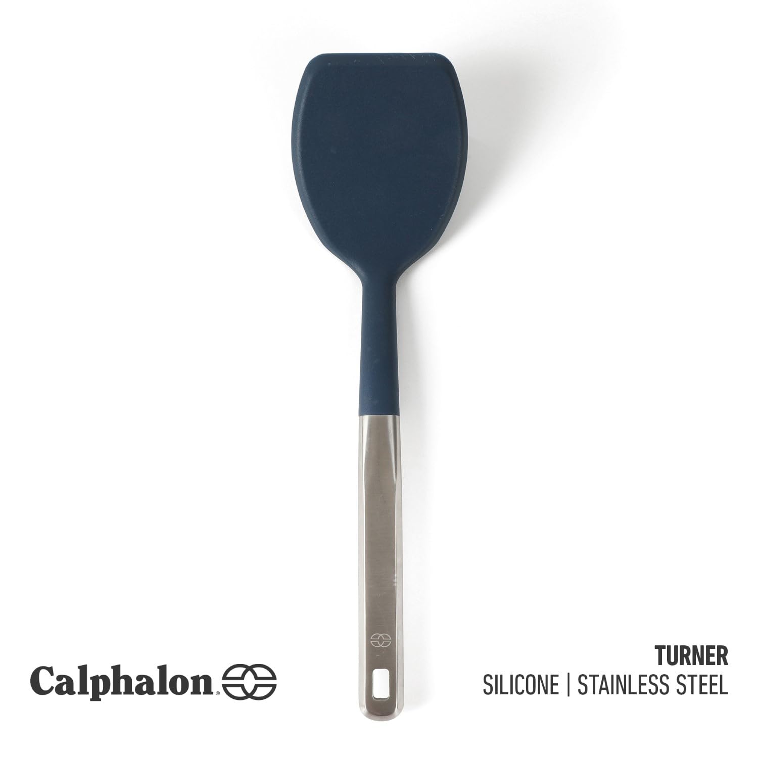 Calphalon Prime Stainless Steel Turner with Navy Blue Silicone Head, Heat Resistant Kitchen Spatula for Flipping, Cooking, Grilling, and Serving, Durable Non Scratch Cooking Utensil