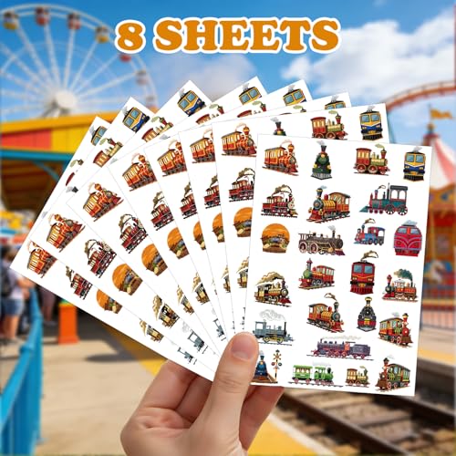 Vintage Train Temporary Tattoos - 8 Sheets Steam Train Party Favors