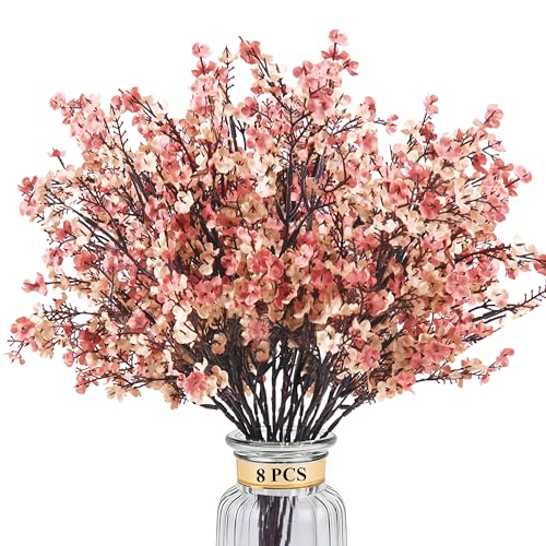 8 Pcs Beige Brown Artificial Baby's Breath Flowers - Silk Bouquets for Home Decor