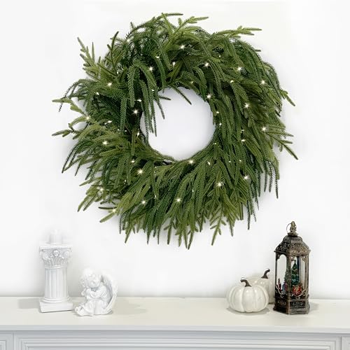 26 Inch Faux Norfolk Pine Wreath with Prelit Christmas Lights - Real Touch Decor