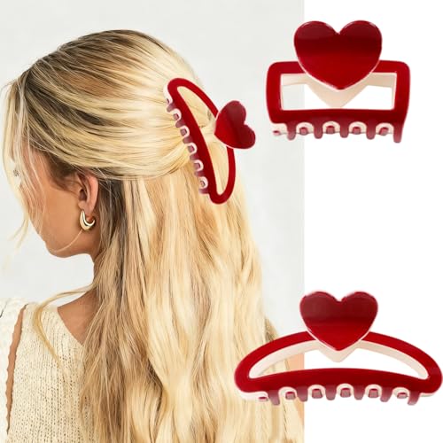 BUNLVDI 2Pcs Valentine Red Heart Hair Claw Clips Acrylic Shark Clips