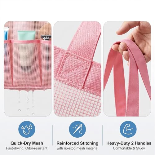 Portable Mesh Shower Caddy with 9 Pockets - Quick Dry Tote Bag for Dorm & Travel (Pink)