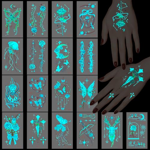 Konsait Glow in the Dark Temporary Tattoos 18 Sheets Flower Butterfly