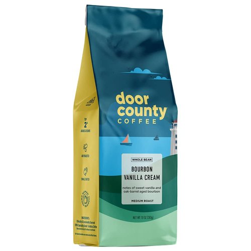 Door County Coffee Bourbon Vanilla Cream Flavored Whole Bean - 10 oz Bag - Medium Roast - 100% Specialty Arabica - Flavored Gourmet - Bourbon Vanilla Cream