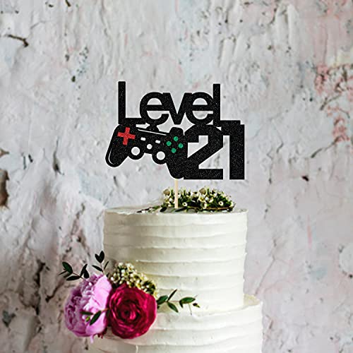 Level Up 21st Birthday Cake Topper - Black Glitter Decoration