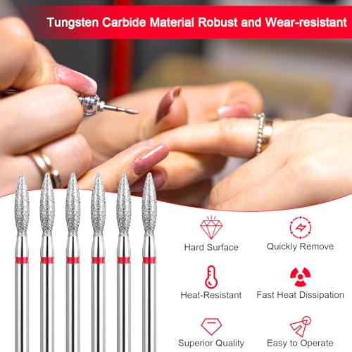 Flame Nail Drill Bits 6 Pcs Cuticle Clean Diamond Bits 3/32"