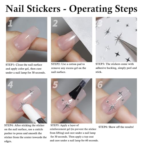 Star Nail Stickers 6 Sheets Self-Adhesive Holographic Gold Silver Decals
