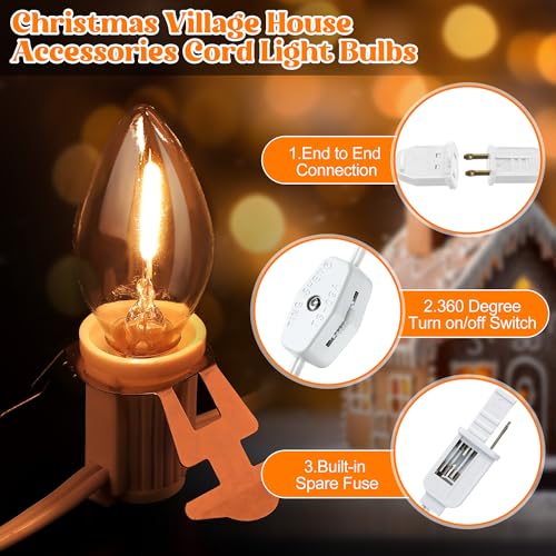 Christmas Village Light Cord with 4 LED Bulbs - 9.8 ft Connectable Decorative Lighting