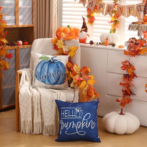 Blue Pumpkin Fall Pillow Covers 18x18 Inch, Set of 4 Buffalo Plaid Autumn Decor