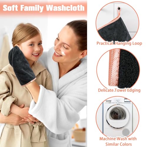 PHOGARY 8-Pack Microfiber Wash Mitts, Soft Coral Fleece Face & Body Cloths, Black