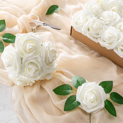 Aegero 25-Piece Ivory Foam Artificial Roses with Bendable Stems