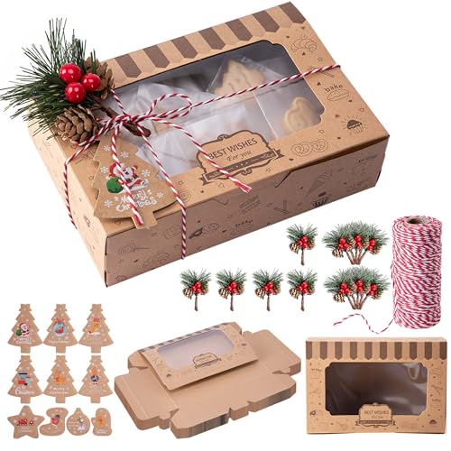 Christmas Cookie Gift Box Set with Pine Picks - 36 Pack Holiday Bakery Packaging