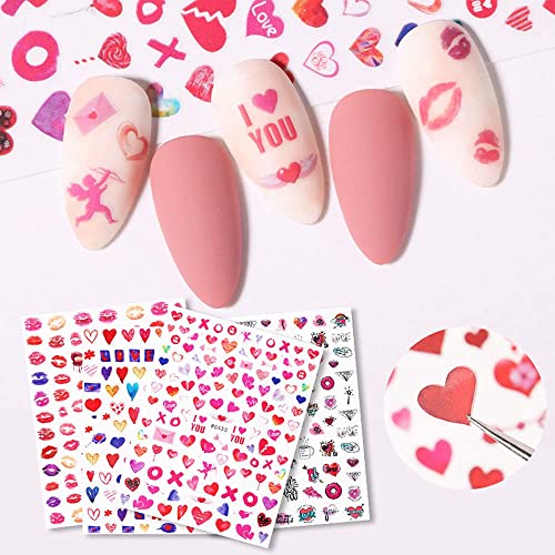 Valentine Hearts Nail Art Stickers 3D Self Adhesive Red Love Decals 6 Sheets