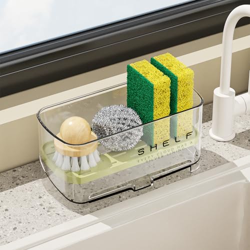 Green Acrylic Sponge Holder for Kitchen Sink with Auto-Draining Tray