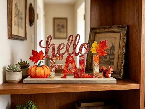 Hello Fall Metal Tabletop Sign - Rustic 3D Harvest Pumpkin Decor