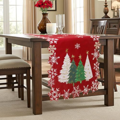 Christmas Tree Table Runner 13x48 Inch Red Embroidered Snowflakes Holiday Decor