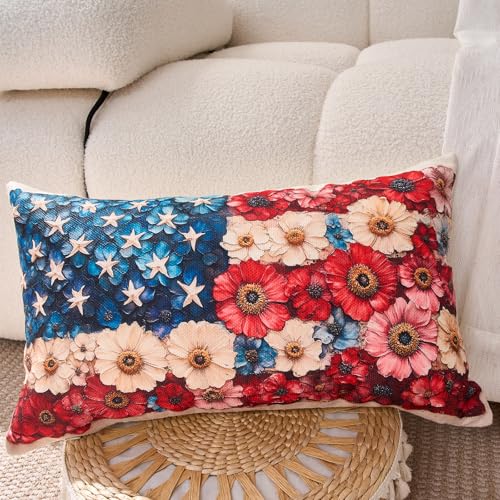 Patriotic Floral American Flag Lumbar Pillow Cover 12x20 Farmhouse Decor