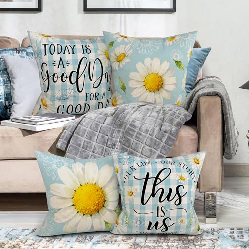 Unibyby 18x18 Floral Daisy Linen Throw Pillow Covers, Set of 4 (Daisy-2026)