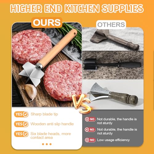 WLKSTS 11-Inch Stainless Steel Meat Masher with 6 Blades – Ground Beef & Mashed Potatoes, One Pack