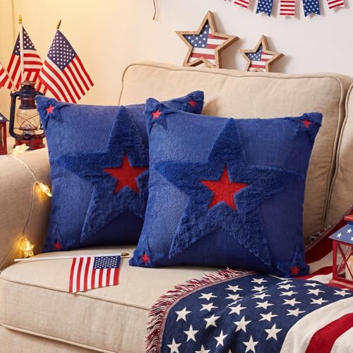 Patriotic Pillow Covers 18x18 Red White Blue Star Embroidered Set of 2