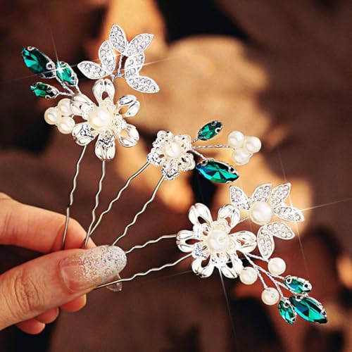 CASDRE Green Crystal Pearl Wedding Hair Pins Bridal Hair Pieces (Pack of 3)