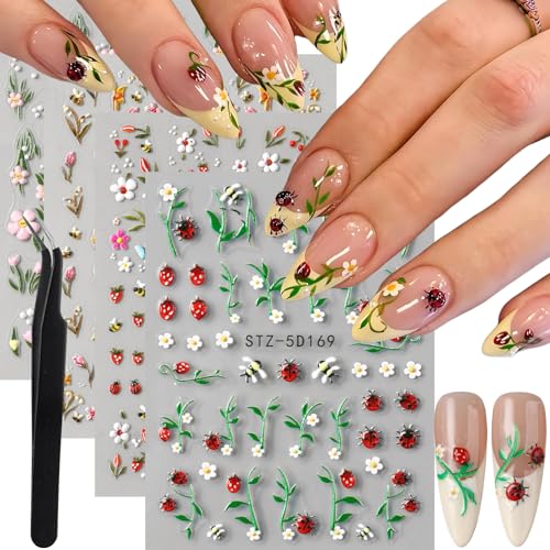 Brtavizvy 5D Embossed Flower Nail Art Stickers - Spring Floral & Leaf Decals with Tweezer