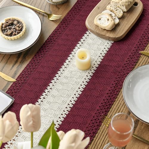 Red Farmhouse Woven Table Runner 12x72 Inch - Durable Cotton Polyester Decor