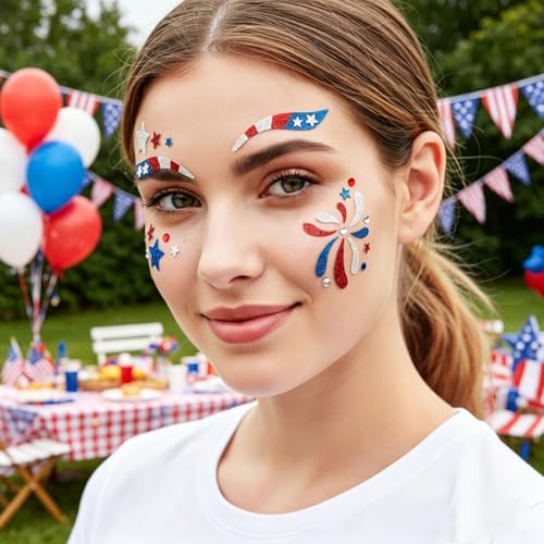 4th of July Face Stickers - USA Patriotic Makeup Decals (4 Sheets)