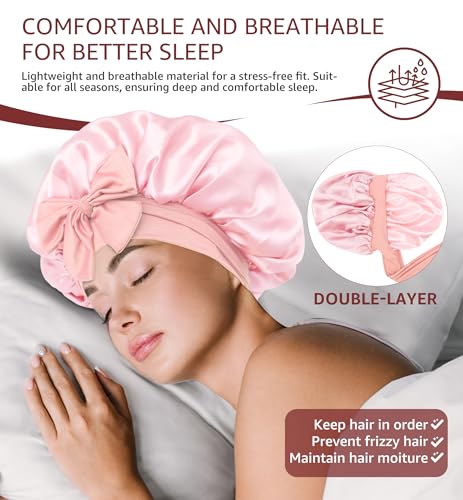 HiRui Double-Layer Silk Satin Sleep Bonnet with Adjustable Tie - Pink Medium