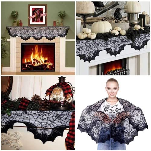 FunisFun Lace Fireplace Mantle Scarf Cover Halloween Bat 20x80" Autumn Decor